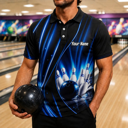 Bowling Ball Strike Waves Personalized Bowling Polo Shirt Front View