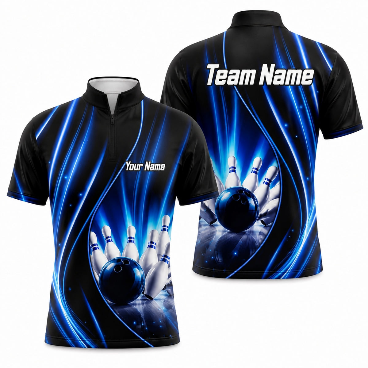 Bowling Ball Strike Waves Personalized Bowling Polo Shirt Jersey Zip 1 4 Collar