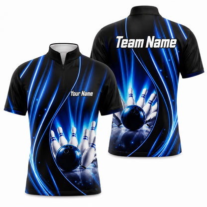 Bowling Ball Strike Waves Personalized Bowling Polo Shirt Jersey Zip 1 4 Collar