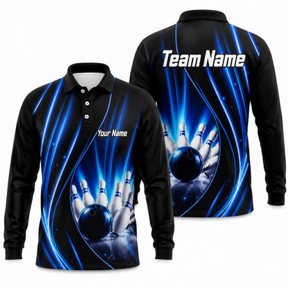 Bowling Ball Strike Waves Personalized Bowling Polo Shirt Long Sleeve Polo
