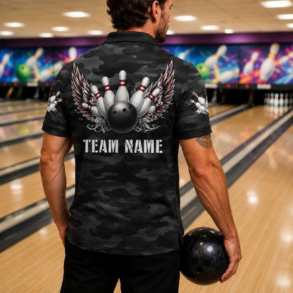 Bowling Ball Strike Wings Custom Bowling Polo Shirt Back View