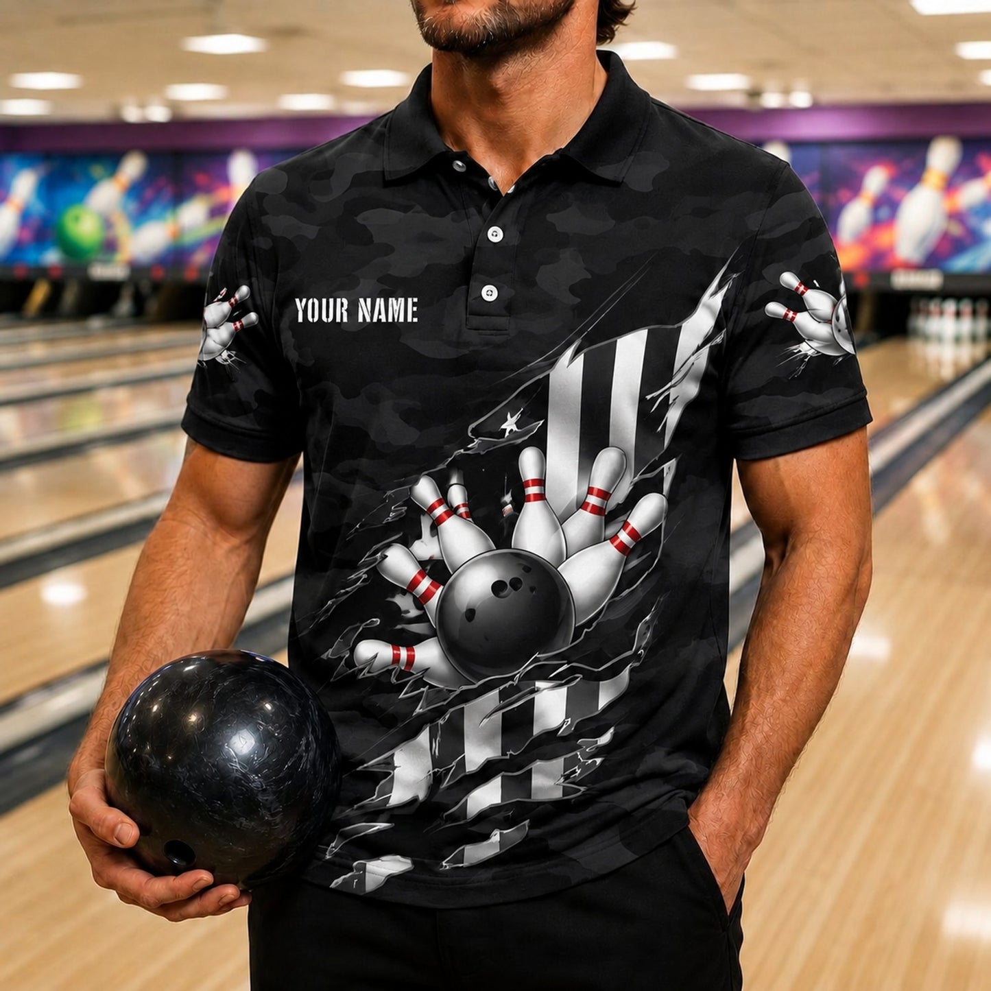 Bowling Ball Strike Wings Custom Bowling Polo Shirt Front View