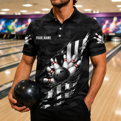Bowling Ball Strike Wings Custom Bowling Polo Shirt Front View