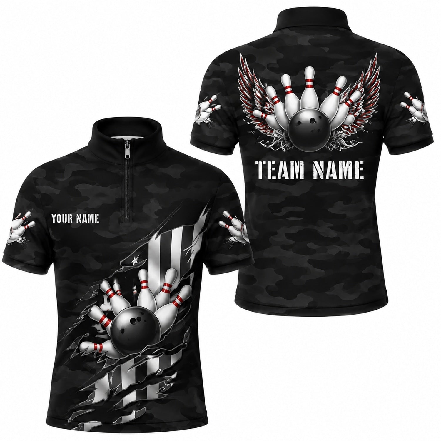 Bowling Ball Strike Wings Custom Bowling Polo Shirt Jersey Zip 1 4 Collar