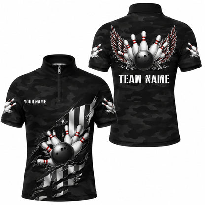 Bowling Ball Strike Wings Custom Bowling Polo Shirt Jersey Zip 1 4 Collar