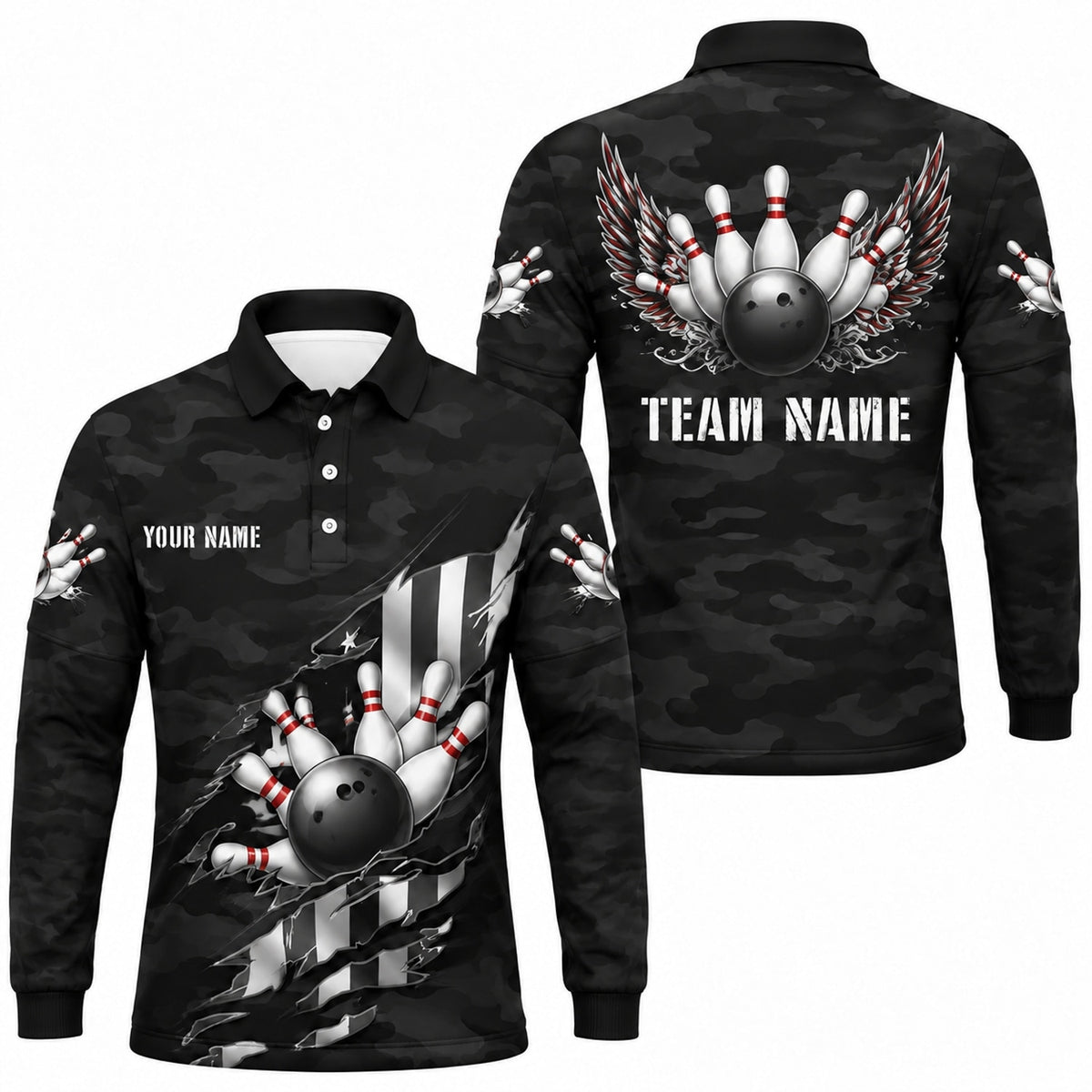 Bowling Ball Strike Wings Custom Bowling Polo Shirt Long Sleeve Polo