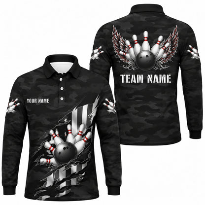 Bowling Ball Strike Wings Custom Bowling Polo Shirt Long Sleeve Polo