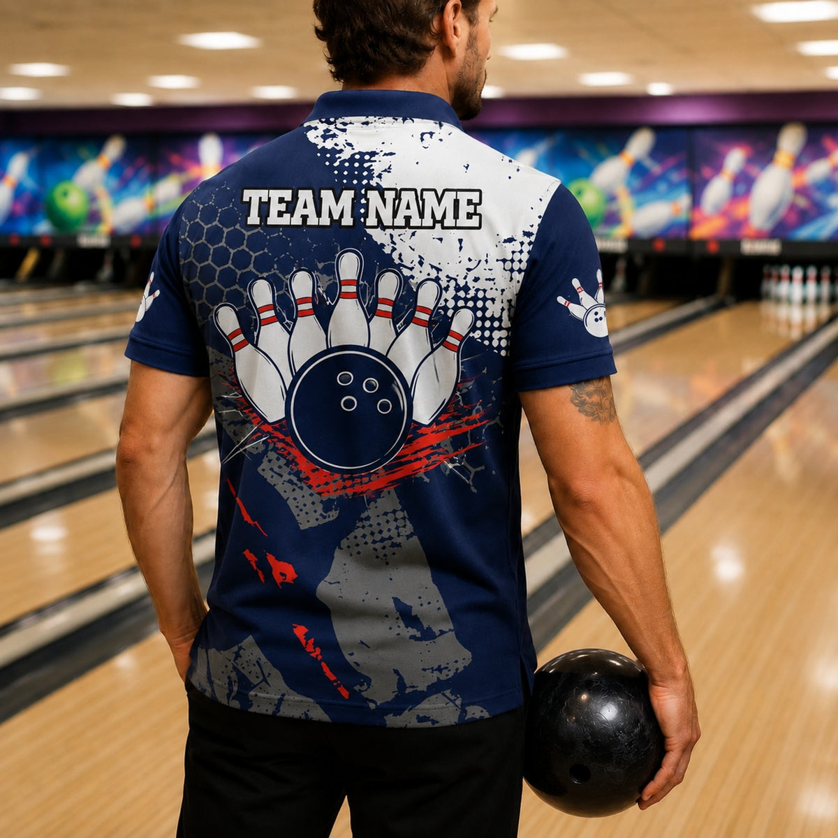 Bowling Ball With Pins Sport Personalized Bowling Polo Shirt Back View