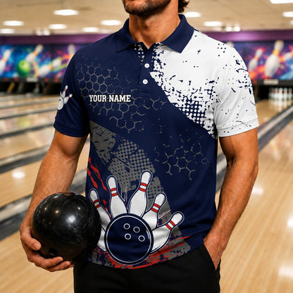 Bowling Ball With Pins Sport Personalized Bowling Polo Shirt Front View