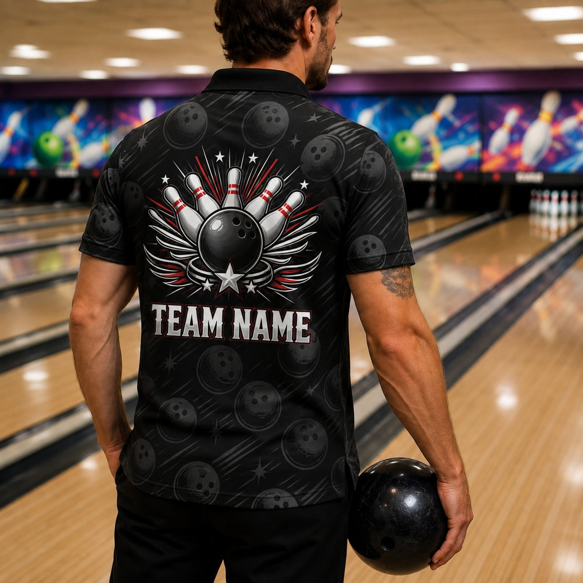 Bowling Ball With Wings Modern Personalized Bowling Polo Shirt Back View