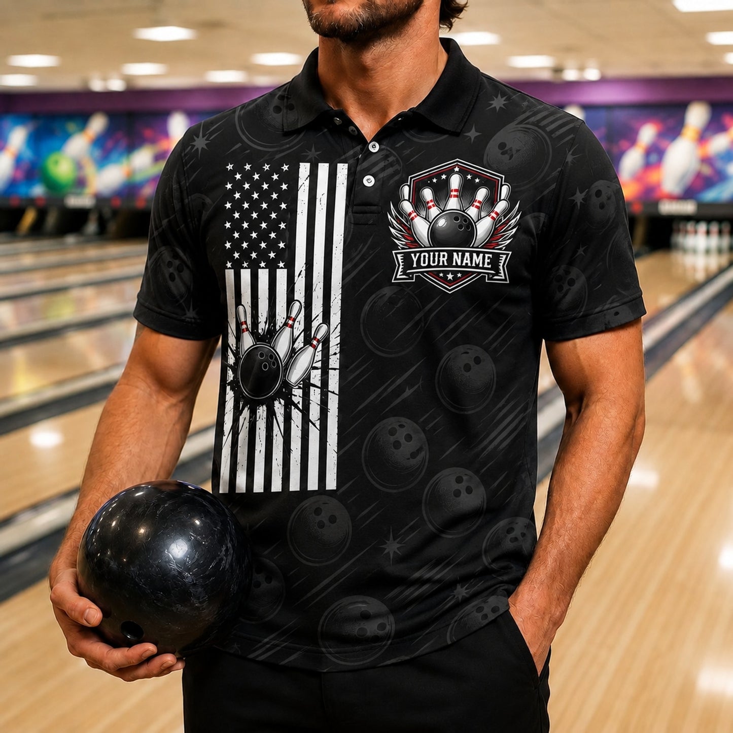 Bowling Ball With Wings Modern Personalized Bowling Polo Shirt Front View