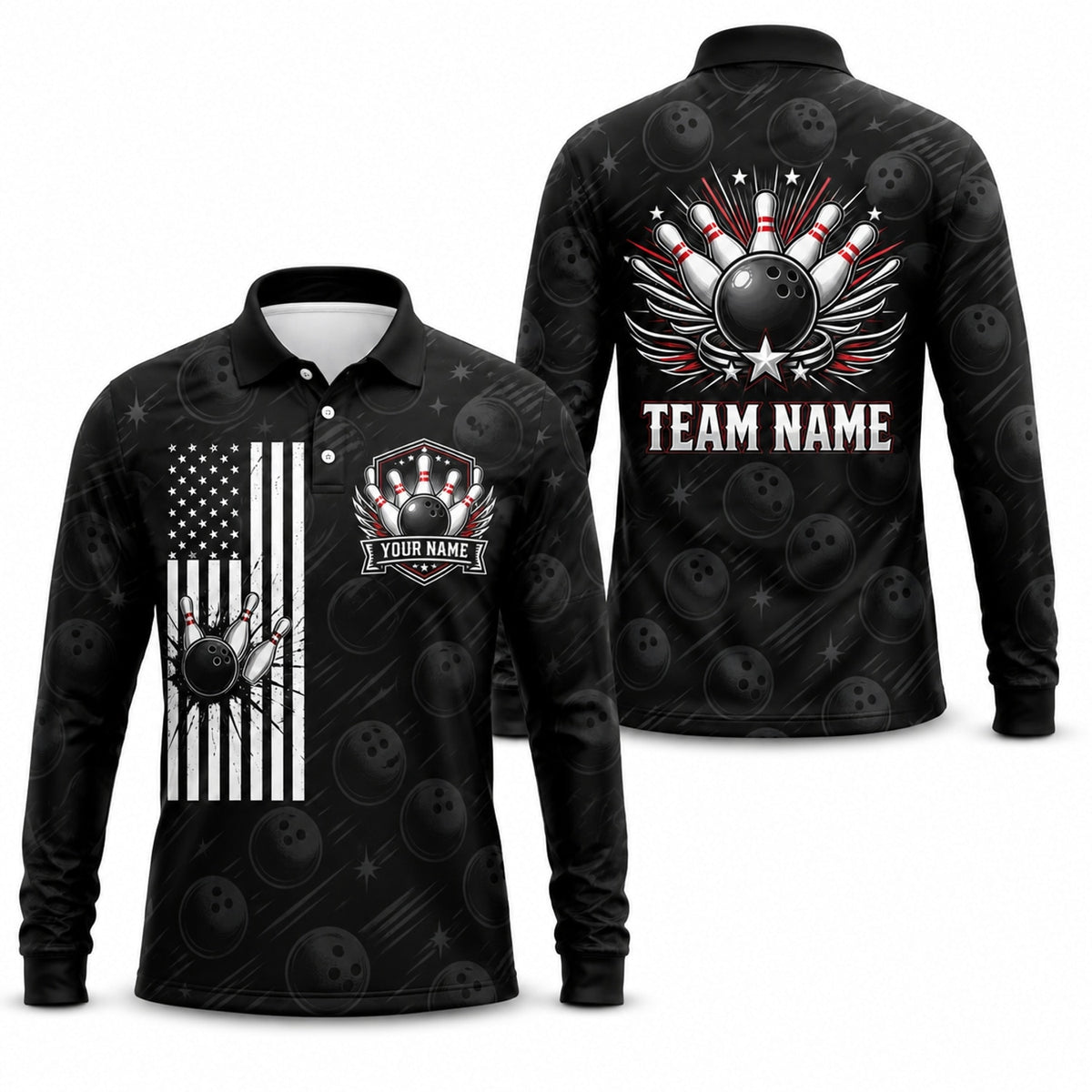 Bowling Ball With Wings Modern Personalized Bowling Polo Shirt Long Sleeve Polo
