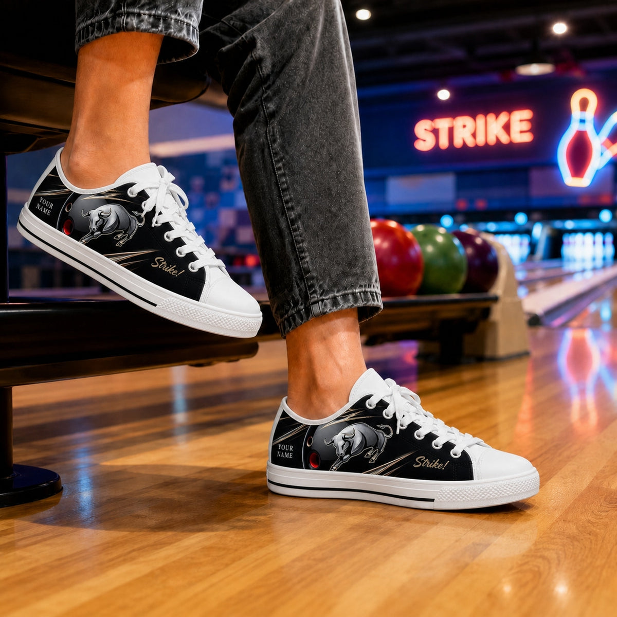 Bowling Bull Design Graphic Custom Low Top Shoes Bowling Life Style