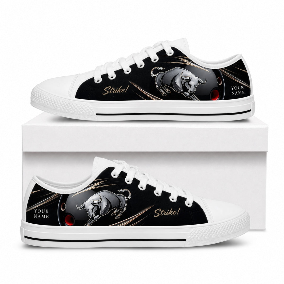Bowling Bull Design Graphic Custom Low Top Shoes Box White