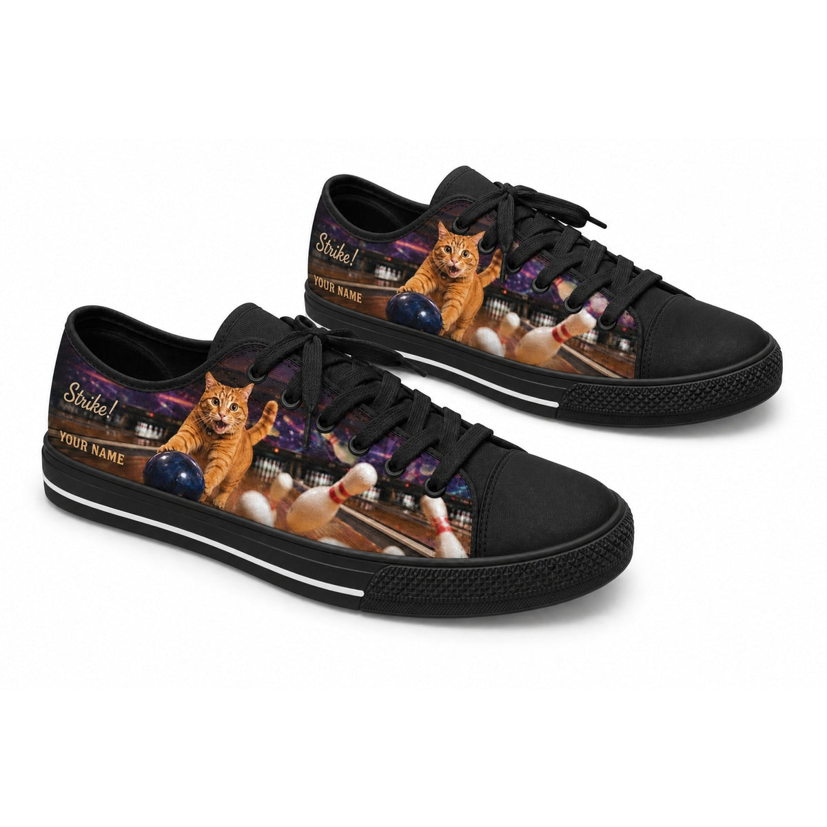 Bowling Cat Strike Graphic Personalized Low Top Shoes Black Shoes