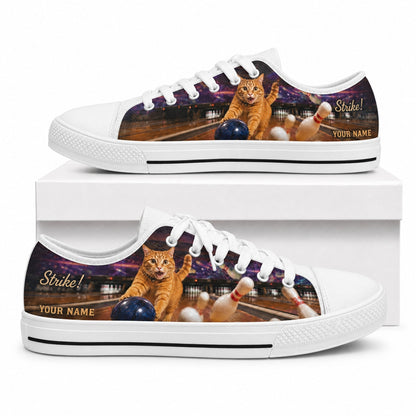 Bowling Cat Strike Graphic Personalized Low Top Shoes Box White