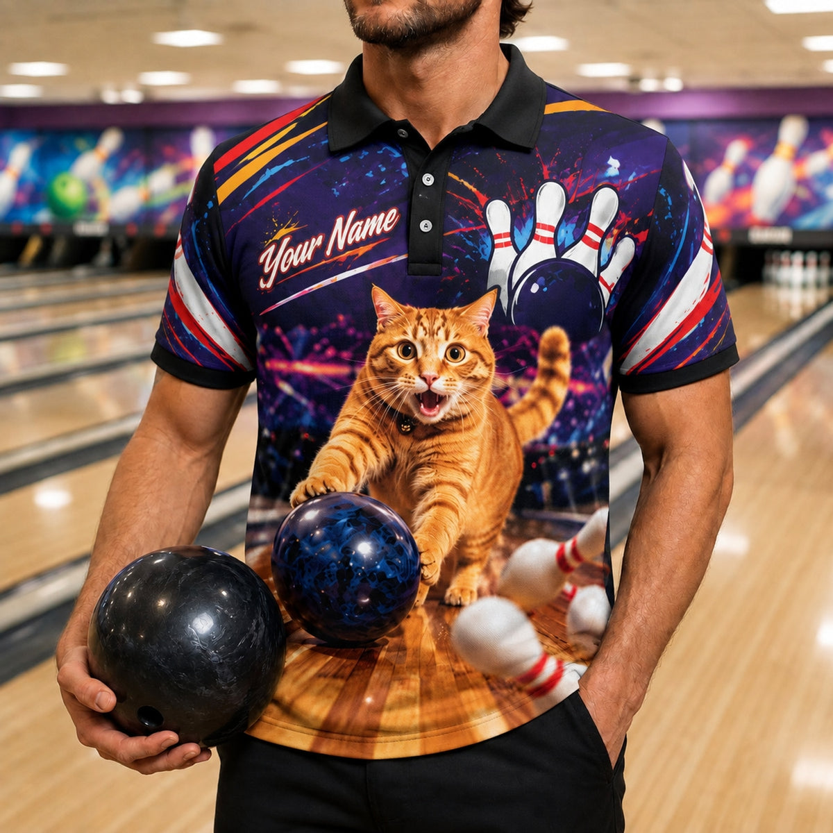 Bowling Cat Strike Sport Custom Bowling Polo Shirt Front View