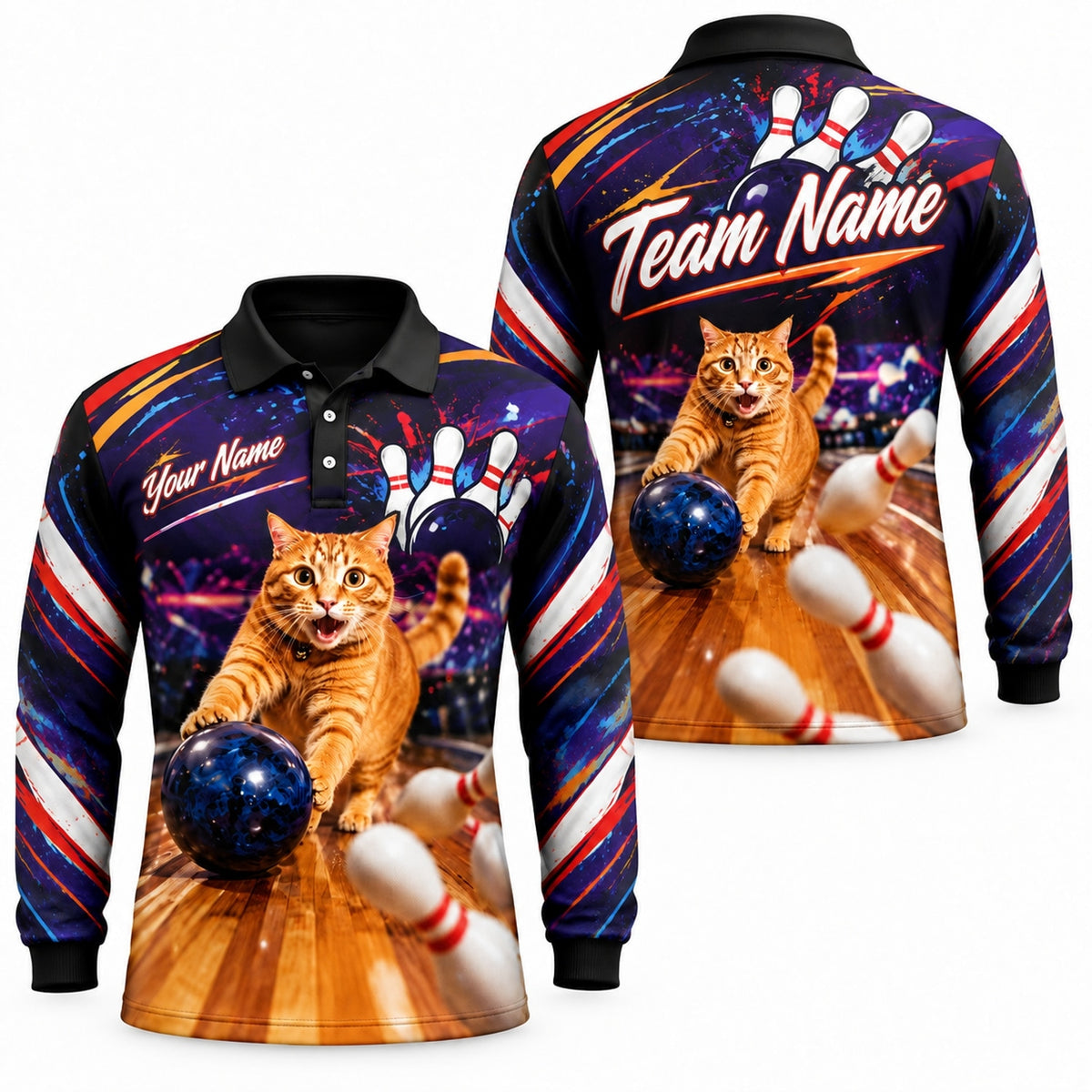 Bowling Cat Strike Sport Custom Bowling Polo Shirt Long Sleeve Polo