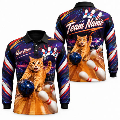 Bowling Cat Strike Sport Custom Bowling Polo Shirt Long Sleeve Polo