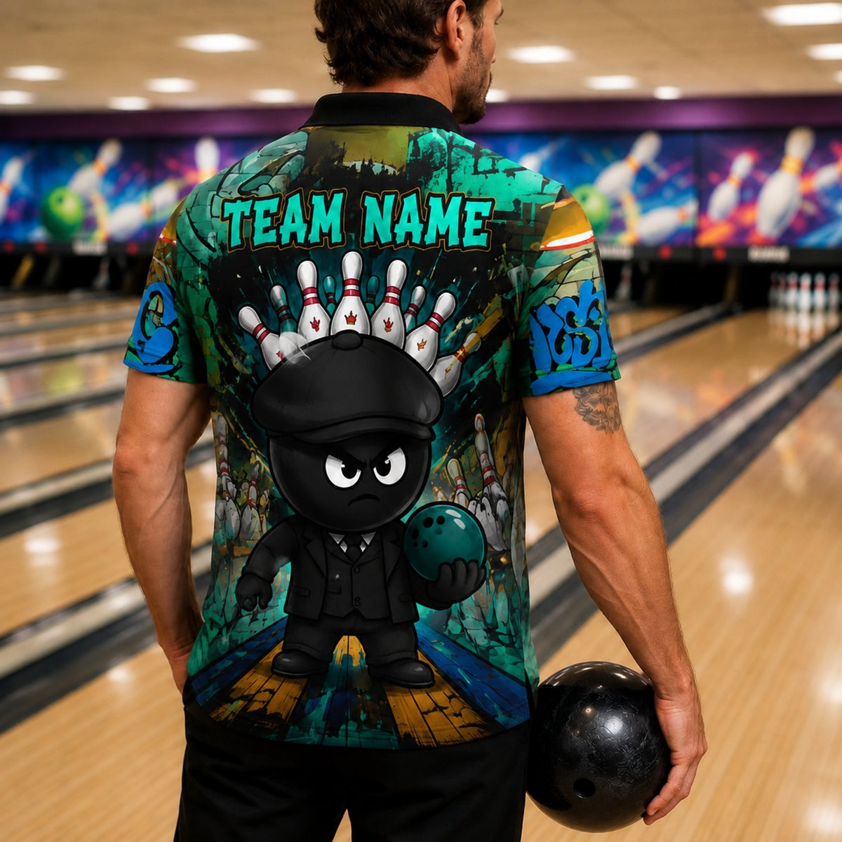 Bowling Gangster Cartoon Personalized Bowling Polo Shirt Back View