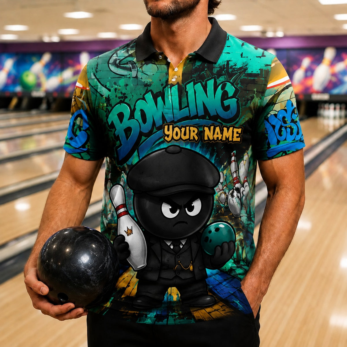 Bowling Gangster Cartoon Personalized Bowling Polo Shirt Front View