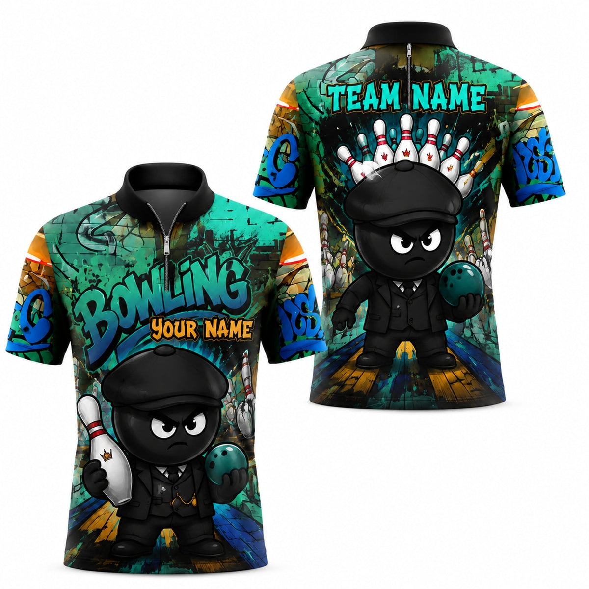 Bowling Gangster Cartoon Personalized Bowling Polo Shirt Jersey Zip 1 4 Collar