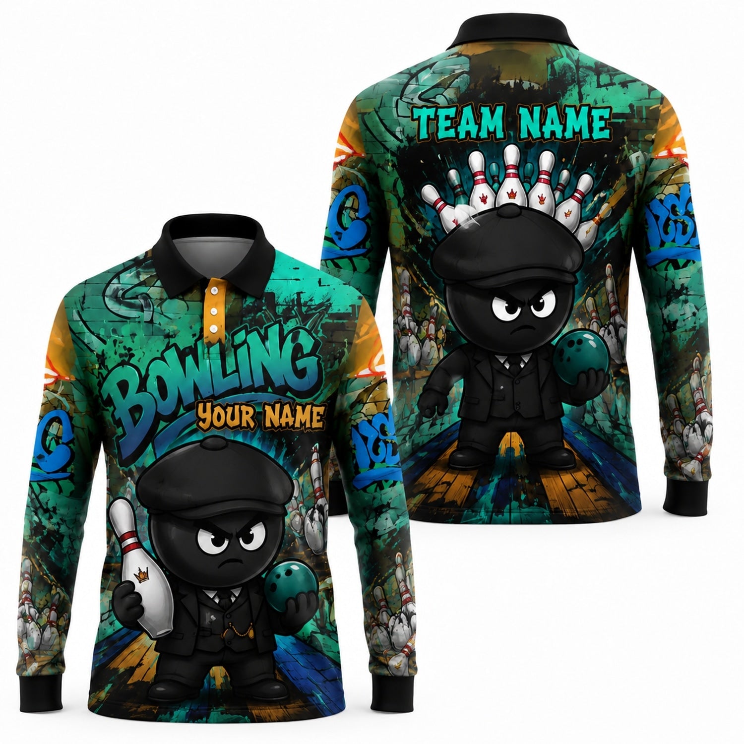 Bowling Gangster Cartoon Personalized Bowling Polo Shirt Long Sleeve Polo