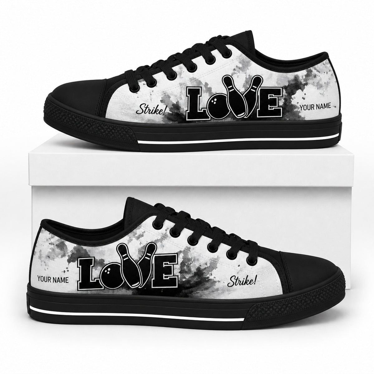 Bowling Love Graphic Personalized Low Top Shoes Box Black