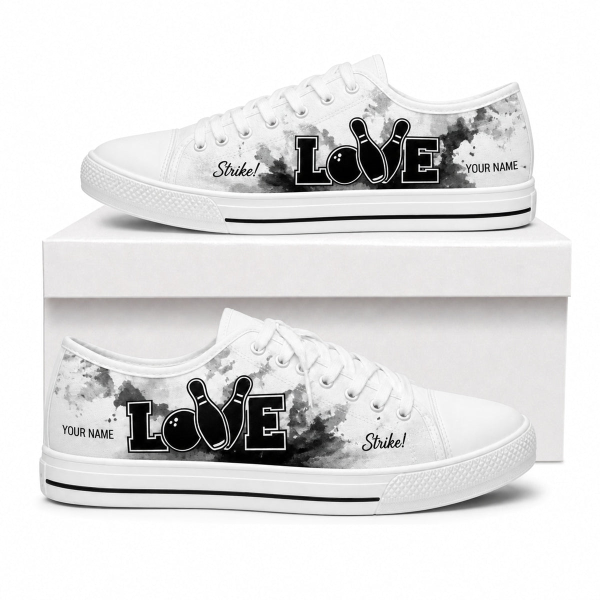 Bowling Love Graphic Personalized Low Top Shoes Box White
