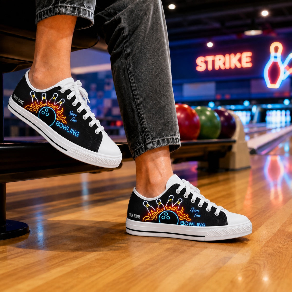 Bowling Neon Design Custom Low Top Shoes Bowling Life Style