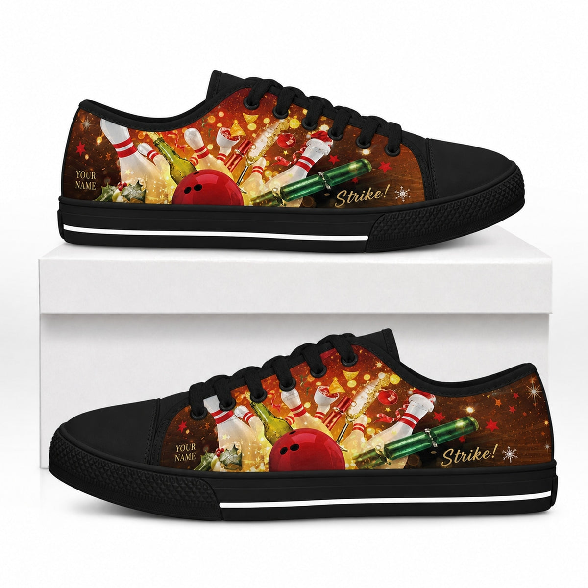 Bowling Party Strike Design Graphic Personalized Low Top Shoes Box Black