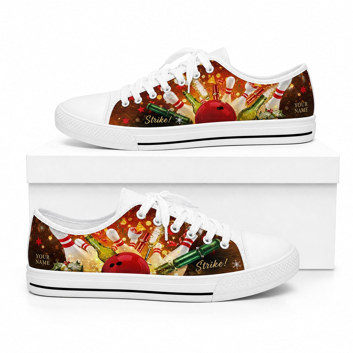 Bowling Party Strike Design Graphic Personalized Low Top Shoes Box White