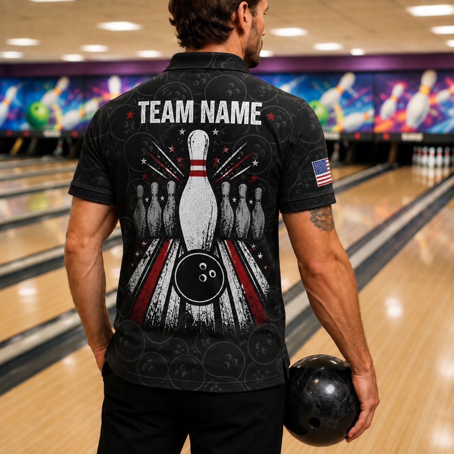 Bowling Pin And Ball Sport Custom Bowling Polo Shirt Back View