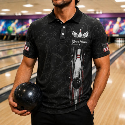 Bowling Pin And Ball Sport Custom Bowling Polo Shirt Front View