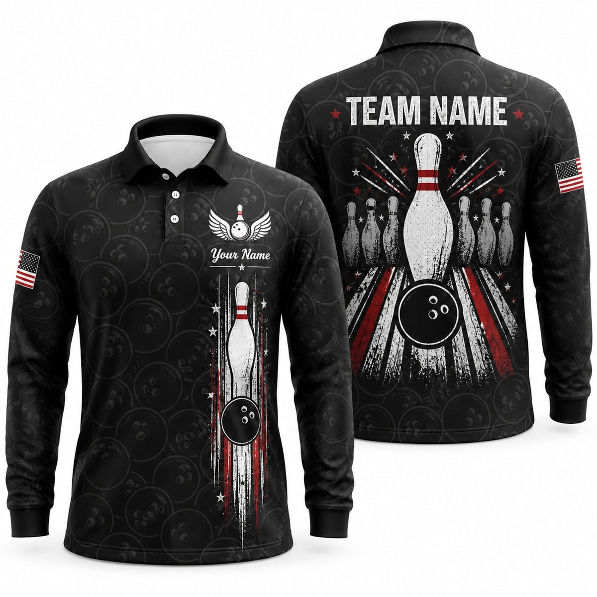 Bowling Pin And Ball Sport Custom Bowling Polo Shirt Long Sleeve Polo