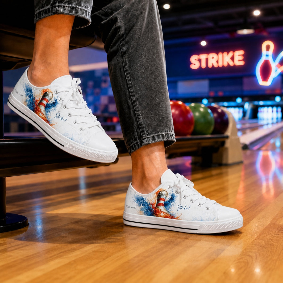 Bowling Pin Splash Graphic Custom Low Top Shoes Bowling Life Style