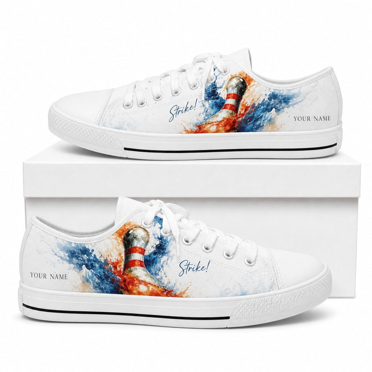 Bowling Pin Splash Graphic Custom Low Top Shoes Box White