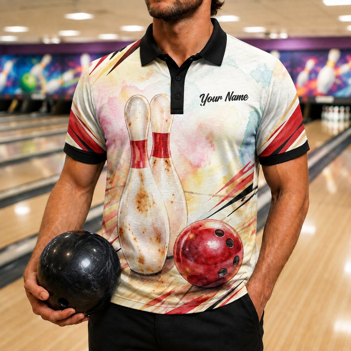Bowling Pins And Ball Graphic Custom Bowling Polo Shirt Front View