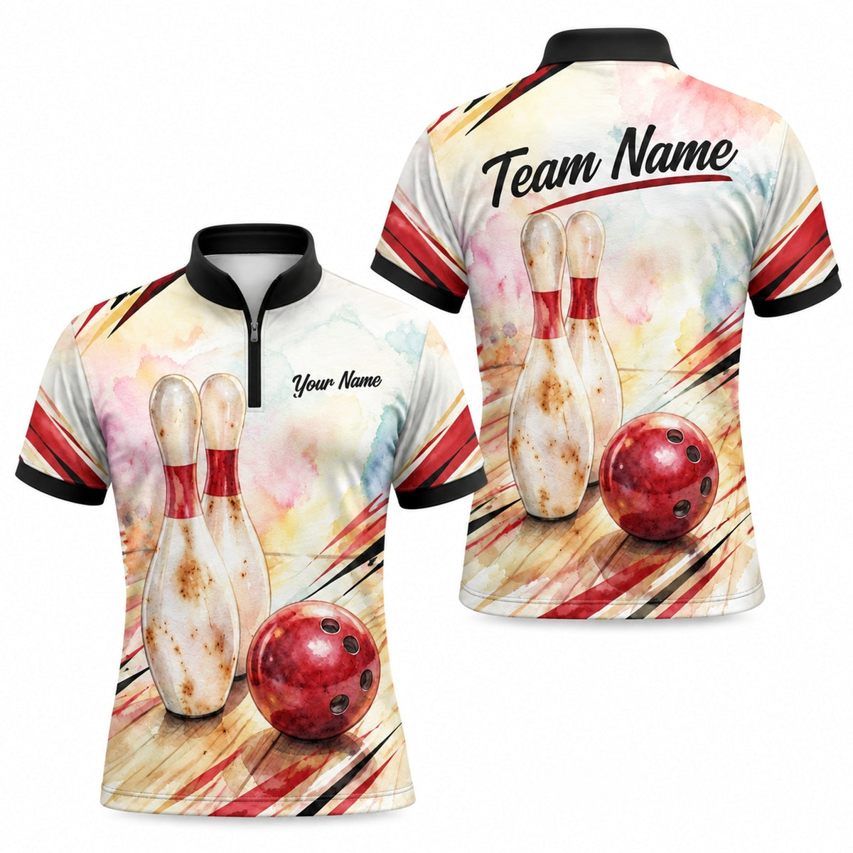 Bowling Pins And Ball Graphic Custom Bowling Polo Shirt Jersey Zip 1 4 Collar