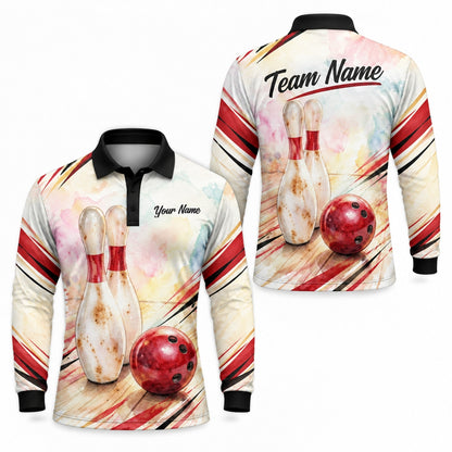Bowling Pins And Ball Graphic Custom Bowling Polo Shirt Long Sleeve Polo