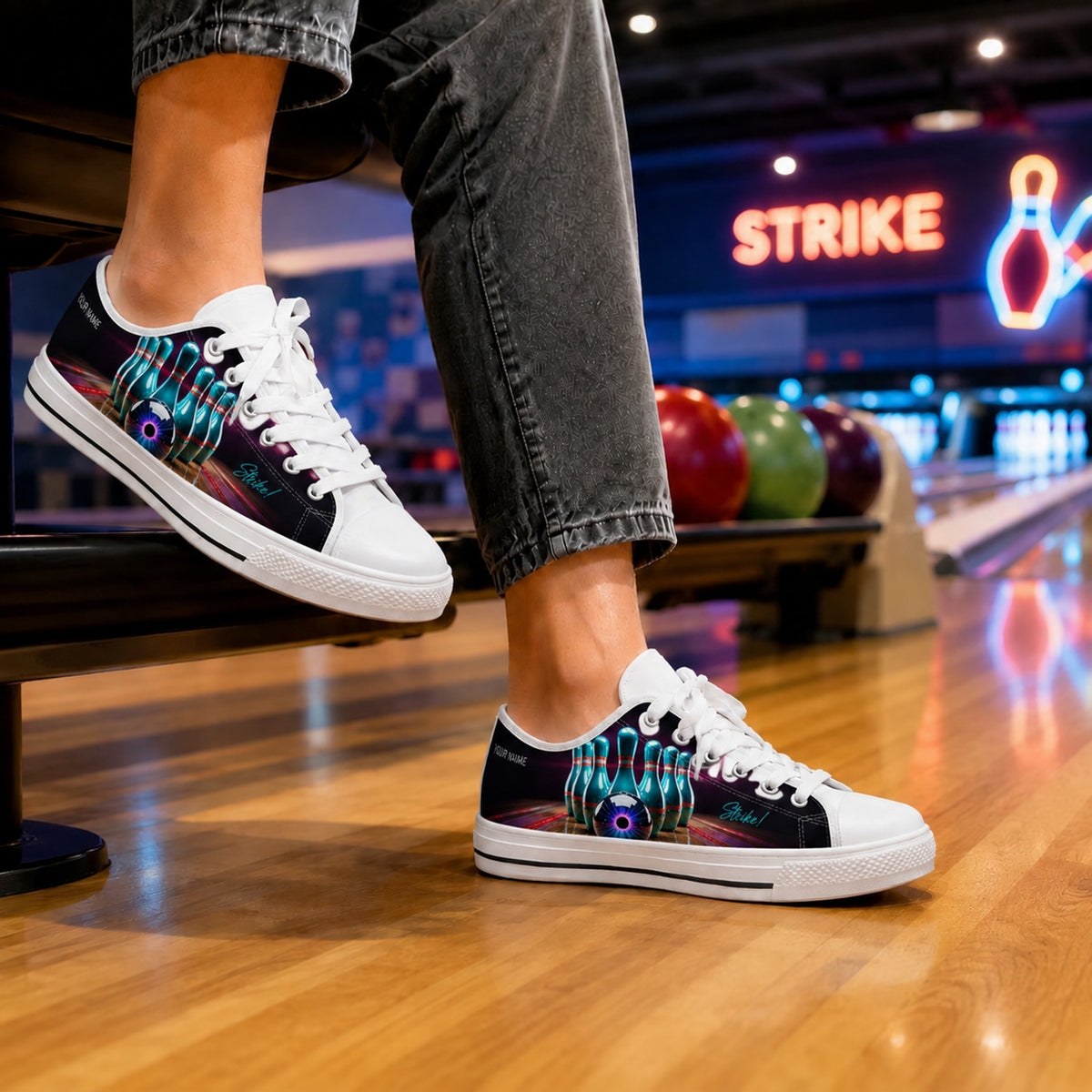 Bowling Pins And Ball Graphic Custom Low Top Shoes Bowling Life Style