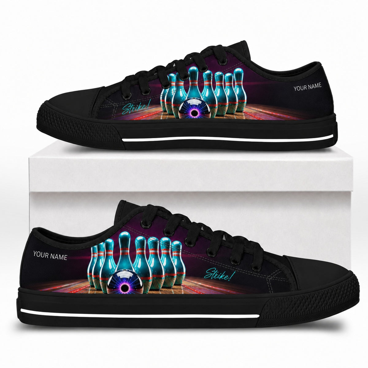 Bowling Pins And Ball Graphic Custom Low Top Shoes Box Black