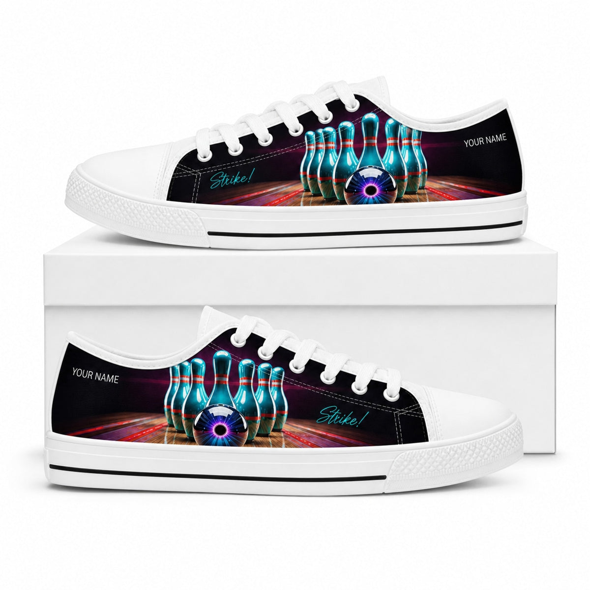 Bowling Pins And Ball Graphic Custom Low Top Shoes Box White