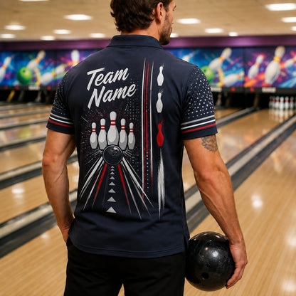 Bowling Pins And Ball Sport Custom Bowling Polo Shirt Back View