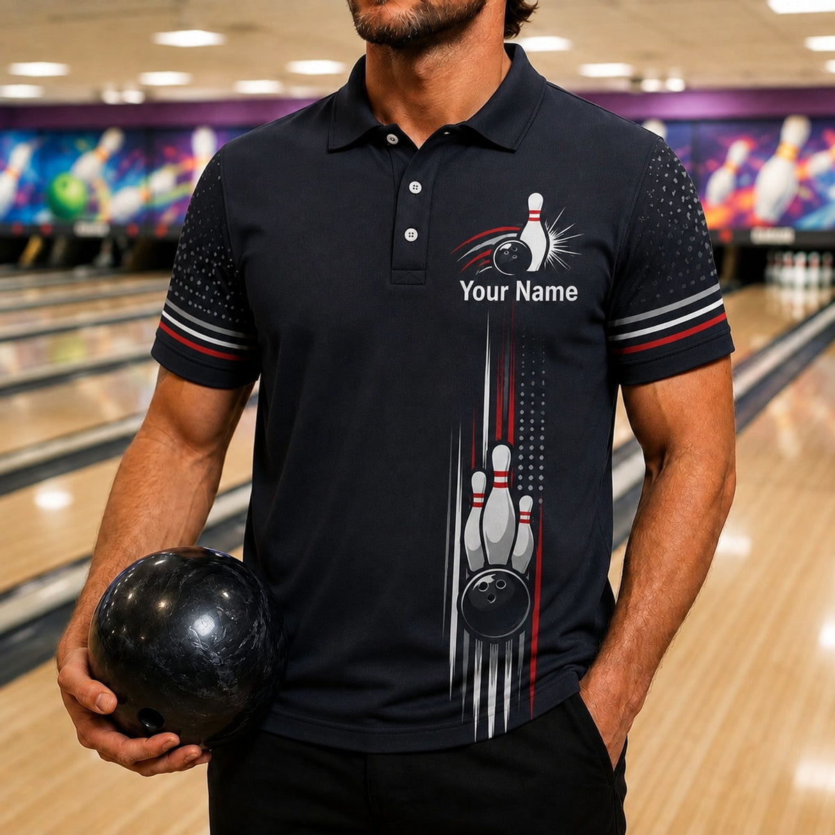 Bowling Pins And Ball Sport Custom Bowling Polo Shirt Front View