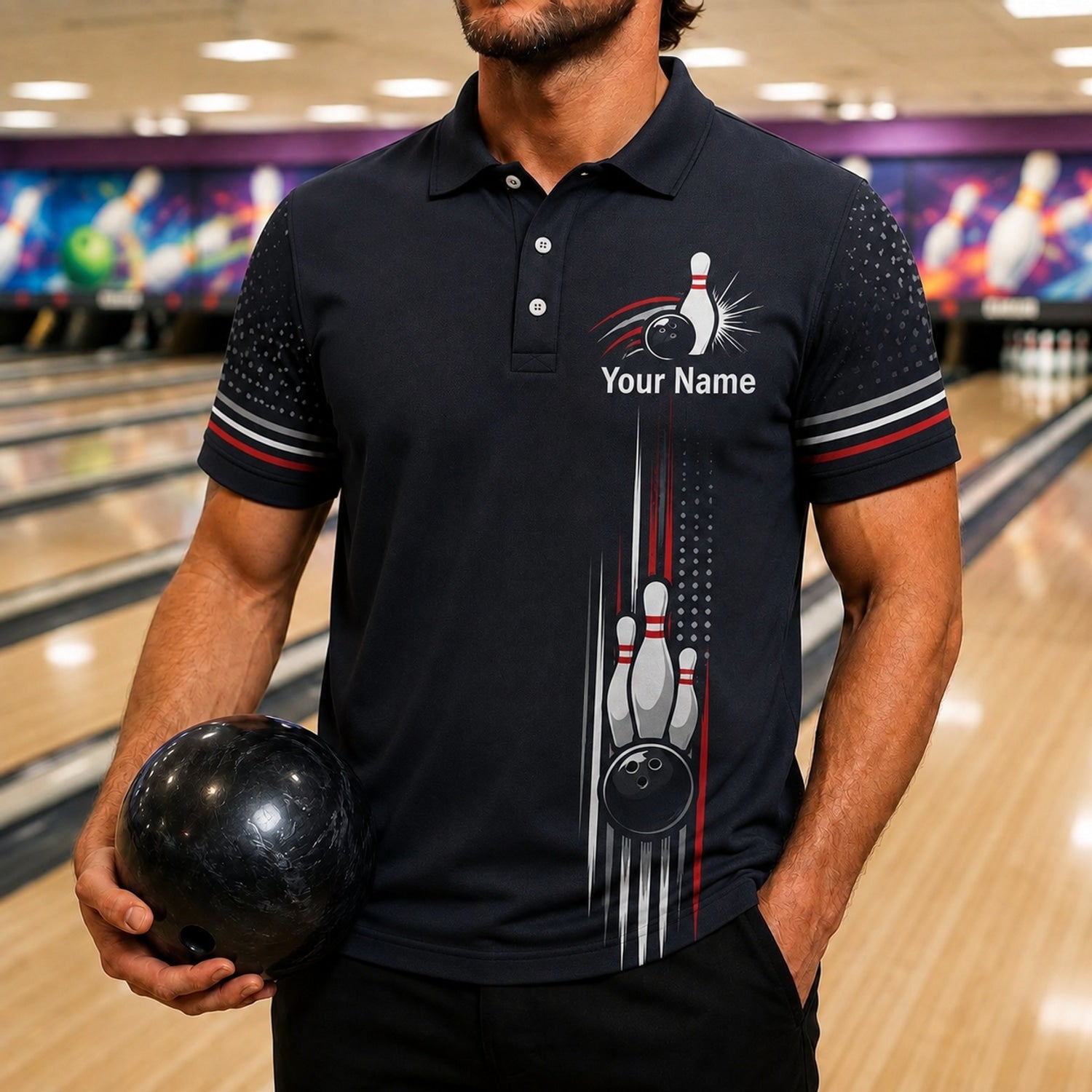 Bowling Pins And Ball Sport Custom Bowling Polo Shirt Front View