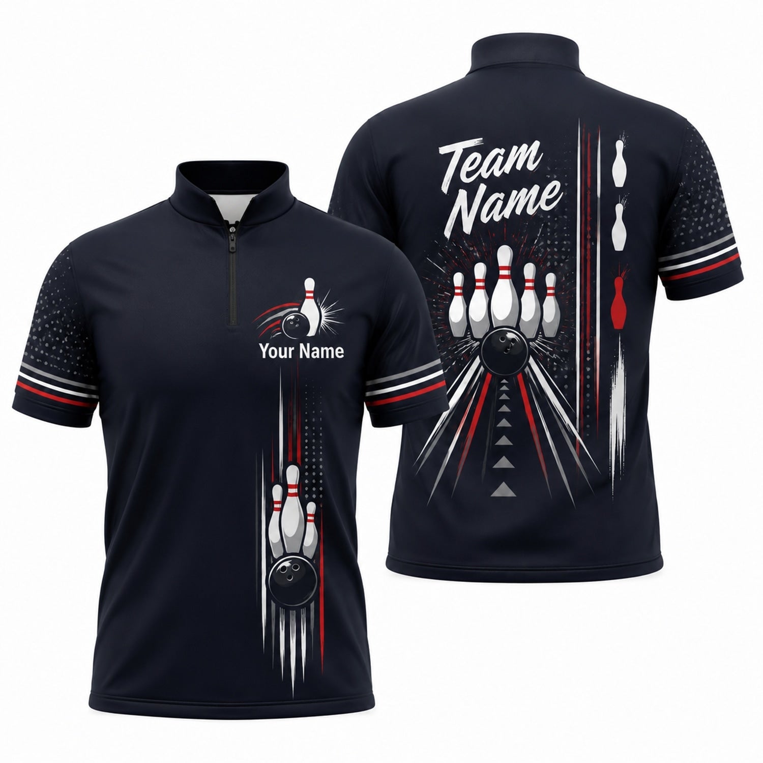 Bowling Pins And Ball Sport Custom Bowling Polo Shirt Jersey Zip 1 4 Collar