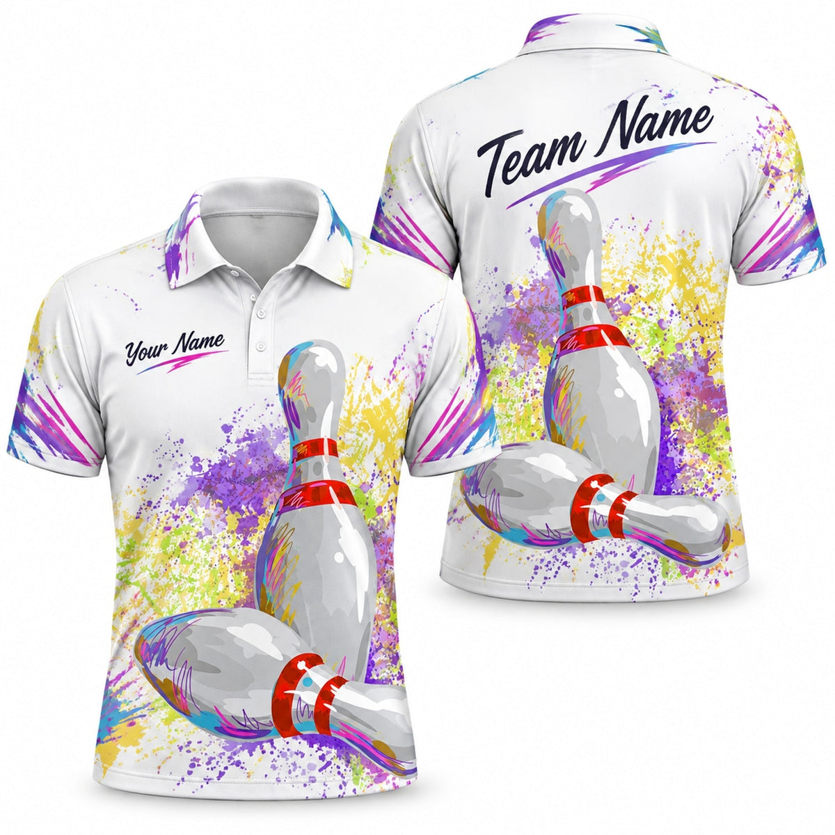 Bowling Pins Splash Art Custom Bowling Polo Shirt
