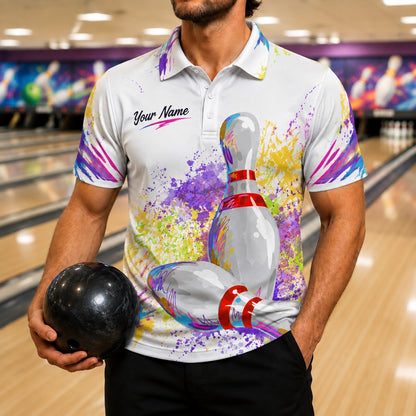 Bowling Pins Splash Art Custom Bowling Polo Shirt Front View