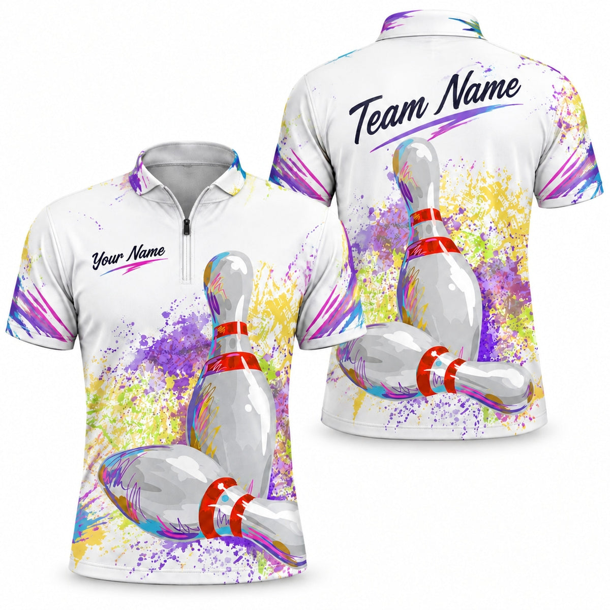 Bowling Pins Splash Art Custom Bowling Polo Shirt Jersey Zip 1 4 Collar